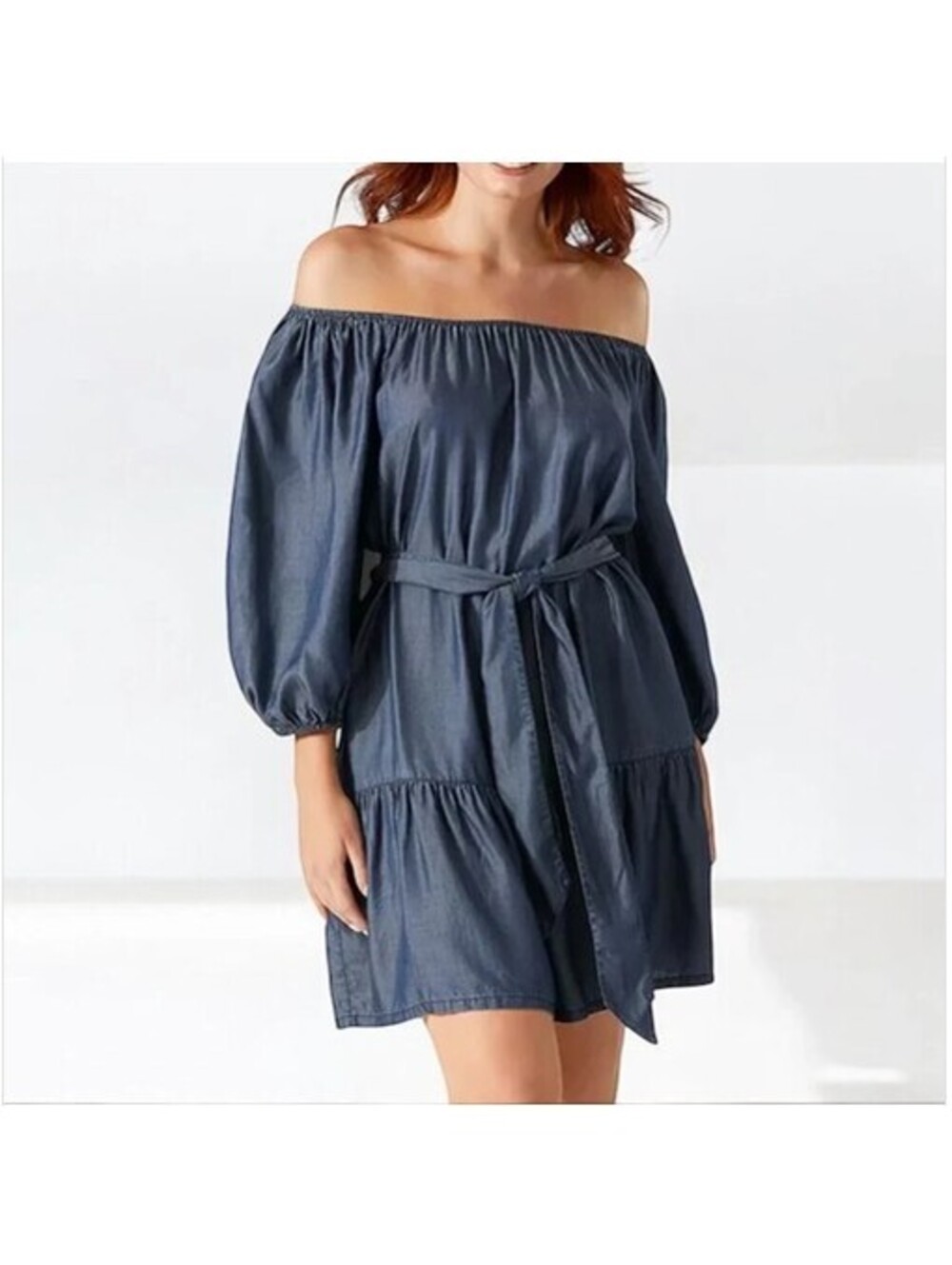 Tommy Bahama St. Lucia Blue Peasant Dress Puff Sleeve Ruffle Hem Size L - Picture 5 of 6
